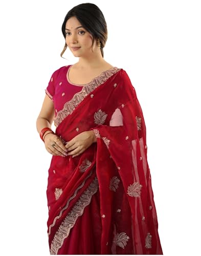 Image of SIRIL Women's Chiffon Scalloped Border Sequins Embroidery Saree with Unstitched Blouse Piece