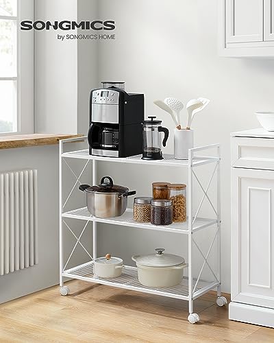 Image of SONGMICS 3-Tier Metal Storage Rack with Wheels, Mesh Shelving Unit with X Side Frames, 31.5-Inch Width, for Entryway, Kitchen, Living Room, Bathroom, Industrial Style, White UBSC183W01