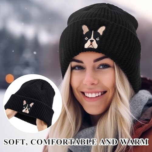 Geyoga Französische Bulldogge Geschenk Strickmütze Wintermütze Beanie mit Aufgesticktem Französischen Hund und Kleiner Bulldogge Schlüsselanhänger für Hundeliebhaber Geburtstag Weihnachten(Schwarz)