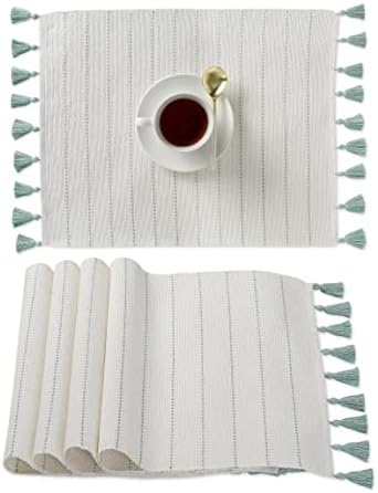 Folkulture Placemats Set of 4, 100% Cotton Ribbed Place Mats 14 x 19 Inches with Tassels for Dining Table, Boho Table Mats for Table Decor, Dinner Parties, Wedding Reception, Misty Green