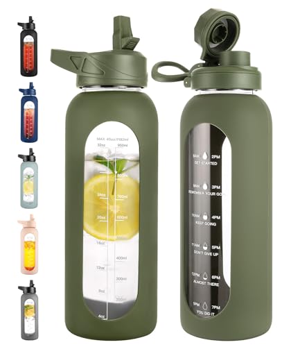 Image of CIVAGO 40 oz Glass Water Bottle with Straw and Handle, Large Sports Motivational Water Bottle Flask with Time Marker and 2 Lids, Leakproof Water Jug Canteen with Silicone Sleeve for Gym, Army Green