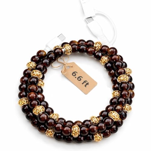 Image of Stylish Beaded Phone Charger Cable Colors USB Charging Cord for Smartphones (2-1 to USB C, Leopard, 6.6ft)