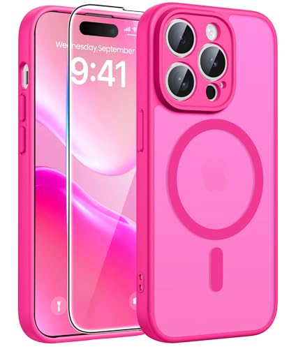 Image of FNTCASE for iPhone 14 Pro Case: [Compatible with Magsafe] Translucent Matte Cases with [Full Camera Protection] [Screen Protector] Military Grade Shockproof Protective Phone Cover - Hot Pink
