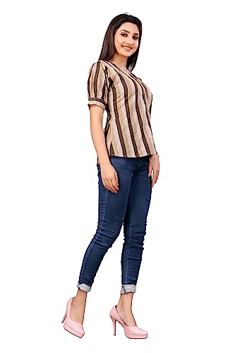 Image of Casual Roll Up Sleeves Striped Women Cotton Brown Shirt