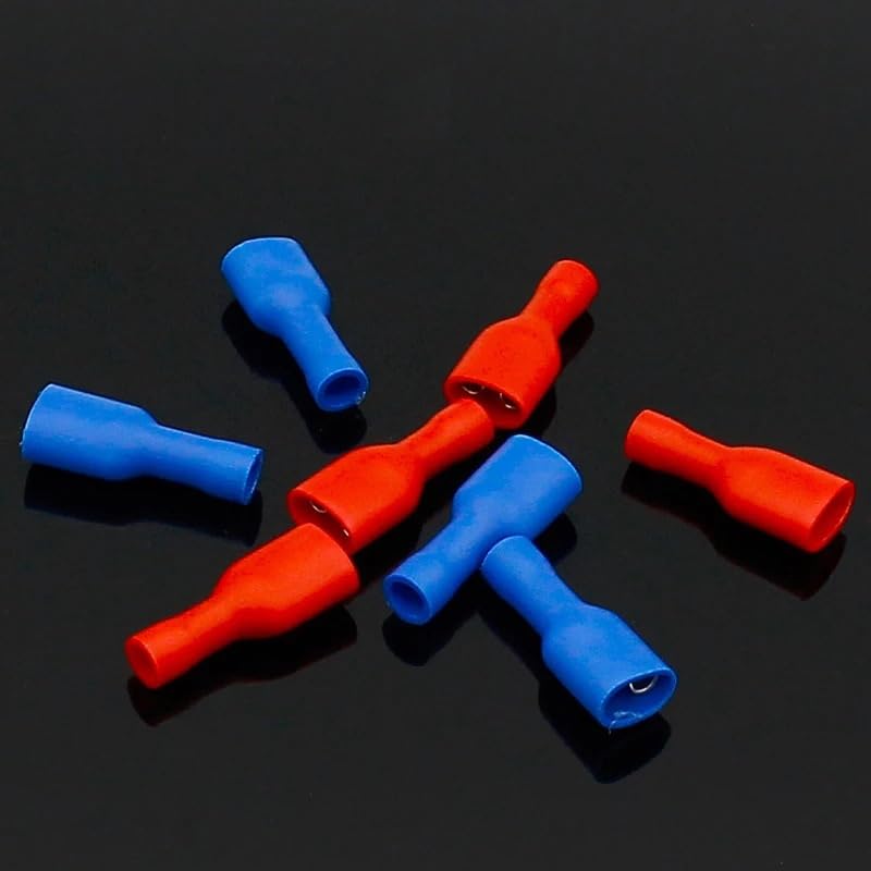 Kit di 200 connettori per cavi di giunzione completamente isolati da 6,3 mm, terminali elettrici a crimpare, 100 rossi e 100 blu.