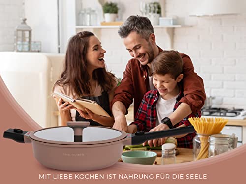 TRAUMLEBEN® Bratpfanne 28 cm mit Deckel, abnehmbaren Griffen & Hitzeindikatoren | PFOA-frei & für Induktion geeignet | Beschichtete Pfanne mit hohem Rand zum Braten, Schmoren, Garen & Genießen – Bild 3