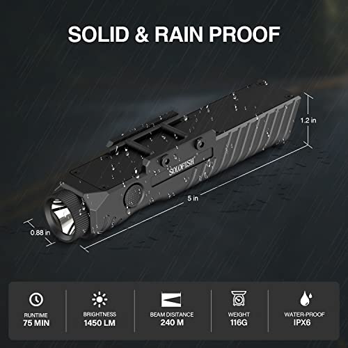 Solofish 1450 Lumens Weapon Light Compatible with Picatinny Rail, Tactical Flashlight with Strobe for Rifle, Anti-Slip Cover Design, Magnetic Rechargeable