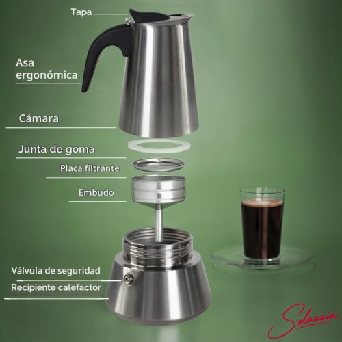 Miniatura 2 de Home Solazzia Cafetera Acero Inoxidable Inducción 6 Tazas 300ml Cafetera Para Expresso Apta Para Todo Tipo De Cocinas Cafeteras Vitrocerámica, Inducción, Gas