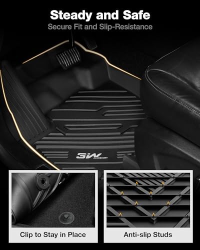Image of 3W Floor Mats Fit for Ford Edge 2015-2024 and Edge ST 2019-2024, TPE All Weather Custom Fit Edge Floor Liner, 1st & 2nd Row Full Set Car Accessories, Black