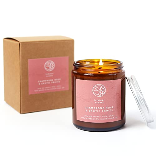 Natural Soy Candle Made in Australia in Amber Jar 150g - 30 Hours Burn Scented Aromatherapy Candle with Gift Box (Champagne Rosé & Exotic Fruits)