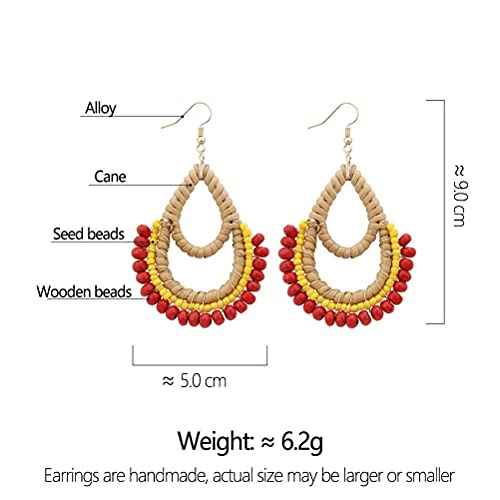 Bohemian Large Rattan Wooden Beads Fish Hook Teardrop Earrings Dangle Drop Jewelry For Women Girls (Red) #TOP4