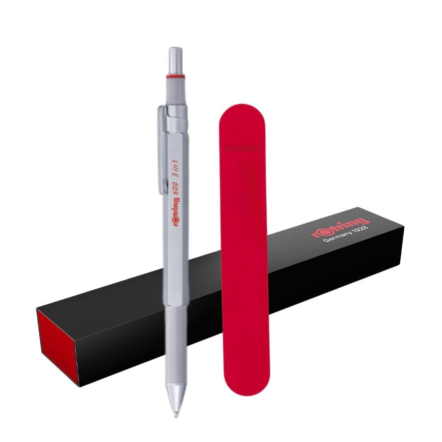 rOtring 600 bolígrafos y portaminas multicolor 3 en 1 | Bolígrafo negro y rojo, puntas mecánicas (0,5 mm) | Funda de terciopelo rojo para protección de puntas
