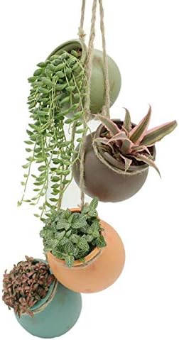Yesland Ceramic Hanging Mini Flower Planters, Wall or Ceiling Mount - Dangling Container in Earth Tone Colored for Indoor Outdoor Decor - Set of 4