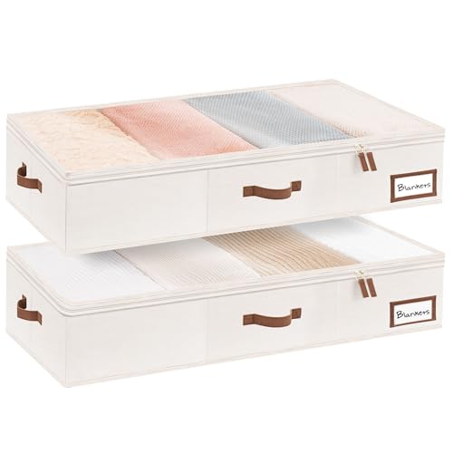 StorageWorks Aufbewahrungsbox unter dem Bett, extra große Aufbewahrung Organizer mit Deckel, robuste Unterbett Aufbewahrungsbox mit Deckel für Kleidung, Stoff Unterbettbox, elfenbeinweiß, 2 Stück