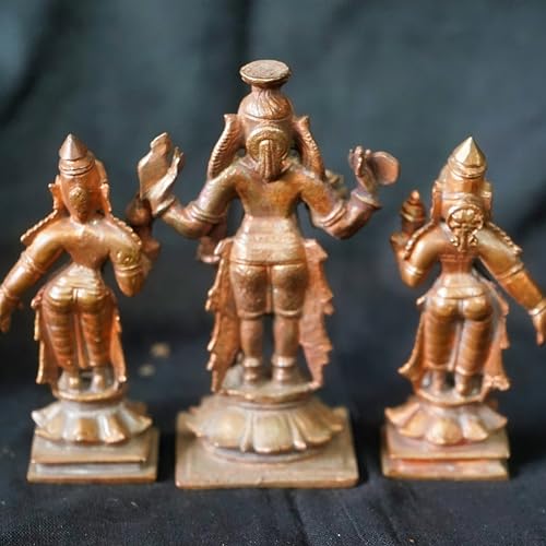 Image of Copper God Idols Perumal wih Sridevi Bhudevi i,3.9 inches, 630 Grams, Patina Antique Finish, Pack of 3 Piece