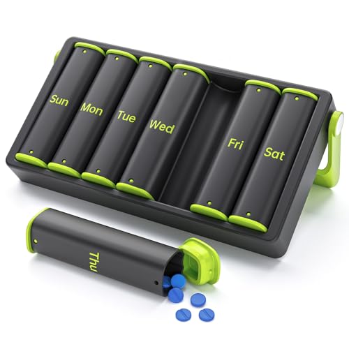 Weekly Pill Organizer 2 Times a Day, KOVIUU Large Travel Pill Box 7 Day, Am Pm Twice Daily Pill Case with Rotatable Handle, Pill Holder Container for Vitamin, Medicine, Supplement, Fish Oil, Green