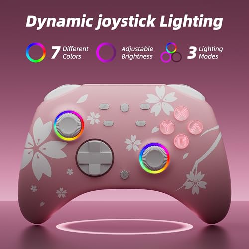 Image of Mytrix Wireless Controllers for Switch /Switch 2, Windows PC iOS Android Steam /Steam Deck, Sakura Pink Bluetooth Controller with Programmable, Hall Effect Joysticks, Adjustable LED Light /Turbo /Vibration