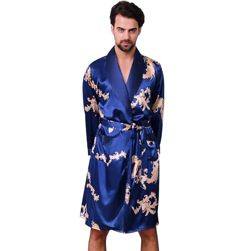 Haseil Men's Satin Robe Silk Kimono Robe Long Sleeve Bathrobe Dragon Lightweight Sleepwear, Blue, L