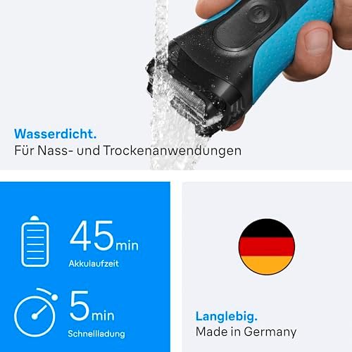 Bild 4 - Braun Series 3+ Rasierer Herren Elektrisch, Elektrorasierer mit 3 Flexiblen Klingen, Rasierapparat Made in Germany, Barttrimmer-Aufsatz, +5 Kammaufsätze, Nass- & Trockenrasierer, 3010BT, Blau