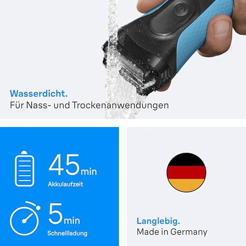 Braun Series 3+ Rasierer Herren Elektrisch, Elektrorasierer, 3 Flexible Klingen, Rasierapparat, Effizienter MicroComb Mitteltrimmer, Präzisionstrimmer, Nass- & Trockenrasierer für Männer, 3040si, Blau