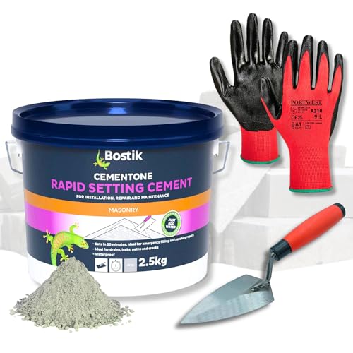 Cement Ready Mixed Bundle with 2.5kg Bostik Cementone Rapid Setting Cement Mix 6 Pointing Trowel & Safety Gloves | Quick Drying | Ready Mix Concrete Filler for Indoor & Outdoor Mortar Repair