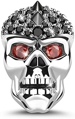 GNOCE Mohawk Skull Bead Charm 925 Sterling Silver"ROCK & ROLL" Punk Style Black plated Charms Fit for Bracelets & Necklaces Jewelry Gift for Women Men
