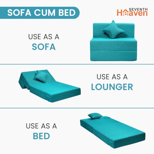 Image of Seventh Heaven Rejioce 1 Seater 6 * 3 Jute Fabric Washable Cover Sofa Cum Bed with 1 Cushion 1 Seater Double Foam Fold Out Sofa Cum Bed (Finish Color - Blue Delivery Condition - Pre-Assembled)