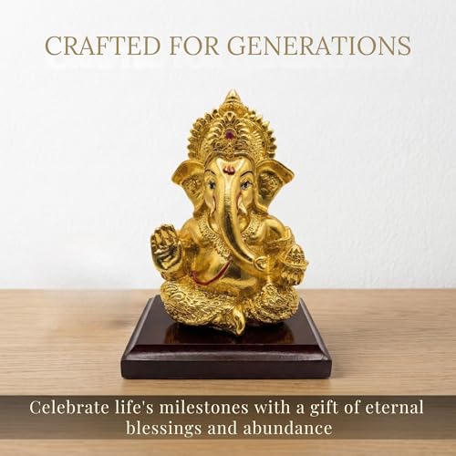 Image of 24K Gold Plated Ganesha Idol - 4 Inch Divine Seated Ganpati Statue on Premium Wooden Base - Auspicious Vastu Home Decor and Spiritual Gift with Anti-Tarnish Finish