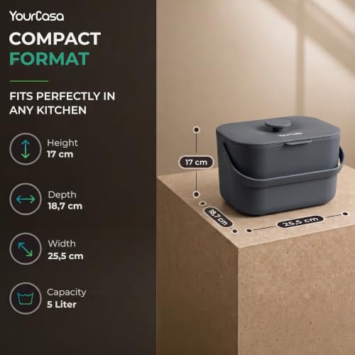 YourCasa Kitchen food waste bin caddy with ergonomic handle - countertop small compost counter with lid trash can - 5L - Dishwasher Safe - Odour Proof - Inner Sieve indoor recycling composter (Black) - Image 6