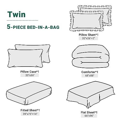 JOLLYVOGUE Green Twin Size Comforter Sets 5 Pieces, Pintuck Bed in a Bag Comforter Set for Bedroom, Bedding Comforter Sets with Comforter, Sheets,Ruffled Shams & Pillowcases