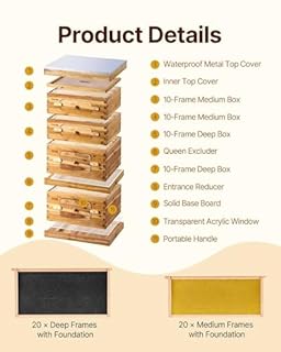 VEVOR Bee Hive 40 Frame Bee Hives Starter Kit, Beeswax Coated Fir Wood, 2 Deep + 2 Medium Bee Boxes Langstroth Beehive Kit, Transparent Acrylic Windows with Foundations for Beginners Pro Beekeepers