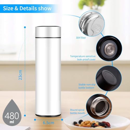 Image of Stainless Steel Smart Water Bottle with LED Temperature Display Double Wall Insulated Leak-Proof Flask Keeps Drinks Hot /Cold for 24 Hour (500ml) (White)