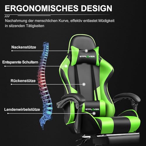 Sedia da ufficio, da gaming, da gaming, ergonomica, con poggiapiedi, poggiatesta, cuscino lombare, imbottito, sedia girevole verde - Sedia gaming - Immagine 3