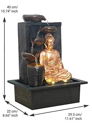 Image of Polyresin Golden Brown Meditating Buddha Tabletop Indoor 4 Diya Steps Water Fountain for Home Decor with Yellow LED Light & Speed Controller Pump (Size: 40 x 29.5 x 22CM | Wt: 2685grm)