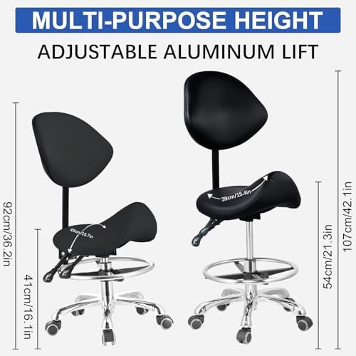 Ergonomic Saddle Stool Chair with Back Support & Footrest - Rolling Swivel Design for Dentists, Doctors, Salons, Heavy-Duty, 440lbs Capacity, Ultimate Comfort & Mobility