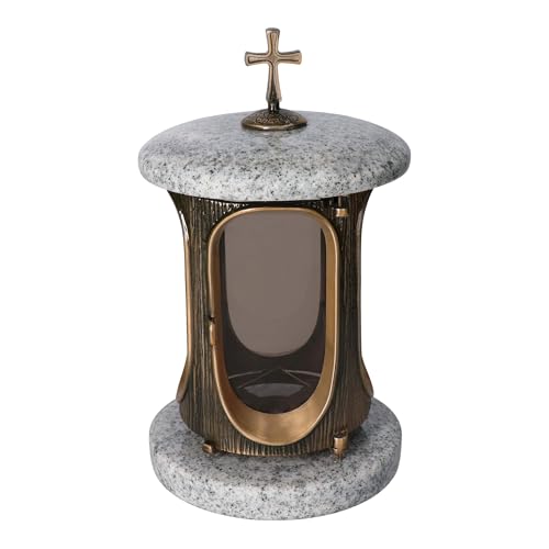 Vershy Grablaterne Granit Viscont White Höhe 23 cm/Ø 15 cm Stilvolle Granitlaterne Elegant Grablampe Grablicht Grableuchte Bronze mit sockel