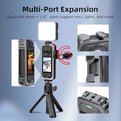 Utility Frame Case Cage for Insta360 X5, Metal Protective Case with Silicone Lens Cap Guard - Cold Shoe Mount, 3 x 1/4" Threads, Quick Release Adapter for Insta 360 X5 Accessories