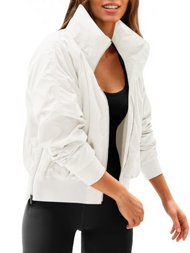 Fisoew Womens Windbreaker Crop Jackets Long Sleeve Zip Up Hidden Hooded Winter Bomber Jacket with Pockets