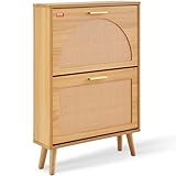 VEVOR Shoe Cabinet with 2 Flip Drawers, Shoe Storage Cabinet for Entryway, Free Standing Shoe Storage Organizer with Rattan Doors for Heels, Boots, Slippers in Hallway, Living Room