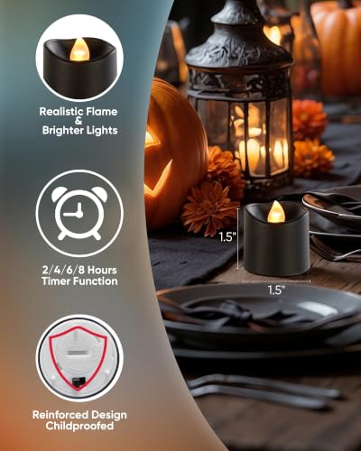 Image of Homemory 12Pack 400+Hour Remote Control Flameless Candles, 2 /4 /6 /8H Timer Led Votive Candles, Battery Operated Tea Lights for Wedding Table Centerpiece, Holidays, Halloween Pumpkins-Black Base