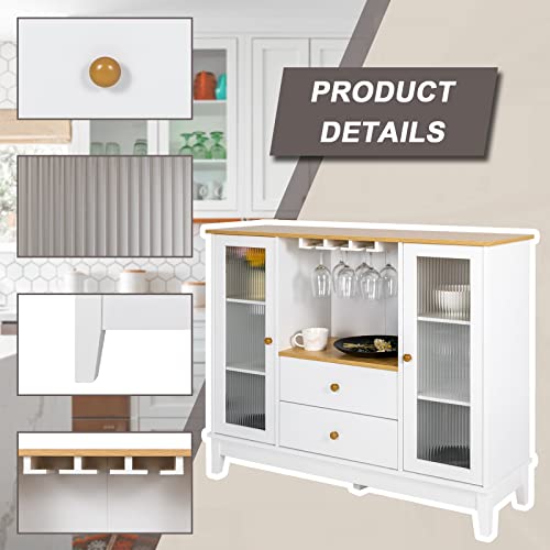 Luckwind Buffet Sideboard Storage Cabinet, Kitchen Storage Cabinet Cabinet Buffet Server With Glass Doors & Drawers, Console Table For Dining Room Living Room And Entryway, 47" White #TOP4