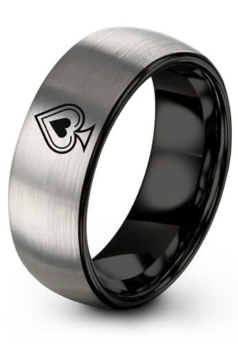 Zealot Jewelry Ace of Spade Card Ring Gift for Gambler Friend Tungsten for Men Silver and Black Wedding for Groom Zodiac Men's Engagement Same Sex Engagement for Women Secret Santa Dad Size 7.5