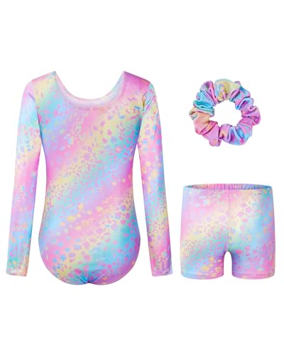 Surgoal Gymnastics Leotards for Girls with Short Long Sleeve Sparkle Ballet Dance Unitard Gymnastics Athletic Outfit 3Pcs for Kids 6-7 Years
