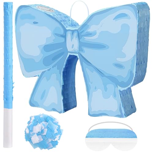 Feifeiya Coquette Blue Bow Piñata with a Blindfold, Bat and Confetti