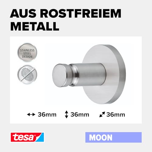tesa MOON Klebehaken, verchromt, runde Form - Bad-Haken zur Wandbefestigung ohne Bohren, inkl. Klebelösung - 36 mm x 36 mm x 36 mm