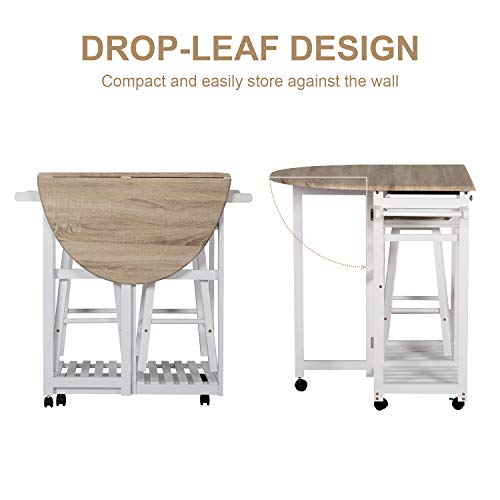 Breakfast Cart with Stools Wood Kitchen Island Cart with with Wheels Trolley Dining Table Stool Set with Folding Drop Leaf