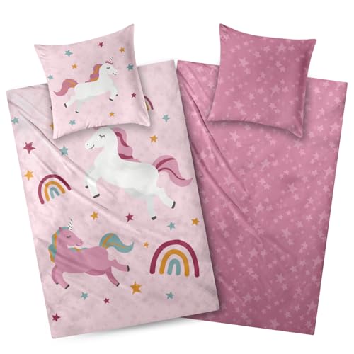 Aminata kids Bettwäsche 135x200 Biber Einhorn Regenbogen-Motiv Kinder Mädchen Baumwolle Rosa YKK Reißverschluss - Einhorn-Wende-Bettwäsche-Set...