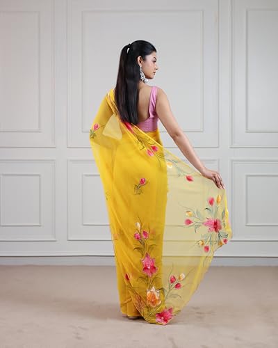 Image of Arkia Women's Yellow Hand Painted With Hand Work Embroidered Saree with Pink Accents Cut dana