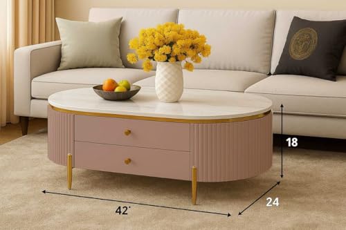 Image of WOODEN SPACE Premium Moderno Marble-Top Coffee Table with Storage Drawer & PVD Coated Iron Legs | Oval Wooden Center Table for Living Room & Entryway (Pink)