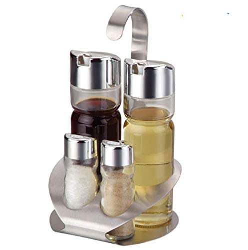 Juego de vinagrera con soporte, botellas de especias de cocina de acero inoxidable, salero y pimentero, servidor de condimentos de aceite y vinagre, juego de 4 o 5 piezas